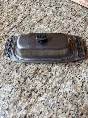 Vintage Mid Century Covered Butter Dish with Ornate Handle Accents